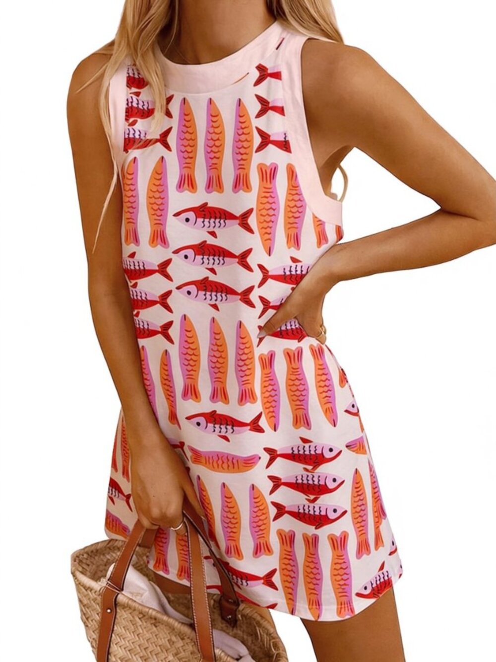Womens Tank Dresses Summer Casual Mini Sleeveless Crew Neck Novelty Floral